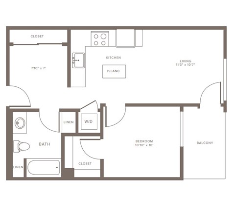 Floor plan for 1 bed, 1 bath, 619 sqft